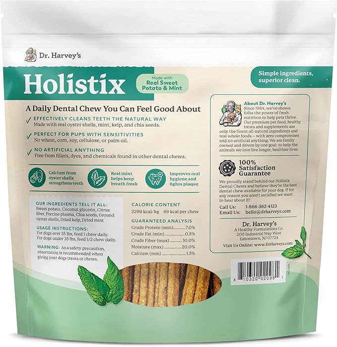 Dr. Harvey's Holistix Dental Chews for Dogs - Dog Teeth Cleaning & Fresh Breath Treats, Sweet Potato Mint (24 Sticks)