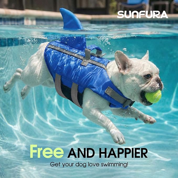SUNFURA Dog Life Jacket Shark Life Vest for Dogs, Adjustable Swmming Vest with High Buoyancy, Safety Lifesaver with Rescue Handle for French Bulldog Small Medium Breeds, Dark Blue XS