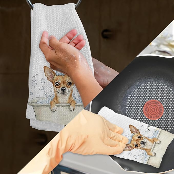Funny Chihuahua Dog for Women Hand Towels, Dog Bathroom Decor, Funny Chihuahua Dish Tea Towels, Cute Chihuahuas Dogs in Bathtub Hand Towel for Toilet Kitchen Restroom Decor, 16x24 Inch
