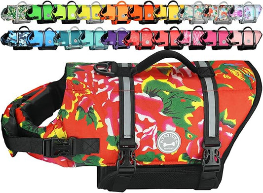 VIVAGLORY Rip Stop Dog Life Vest, Swimming Vest with Handle, Buoyancy for Doggy Puppy, Dog Life Jacket for Swimming & Boating, S, Northeast Florals-Red