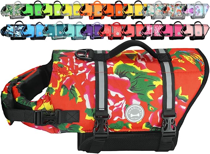 VIVAGLORY Rip Stop Dog Life Vest, Swimming Vest with Handle, Buoyancy for Doggy Puppy, Dog Life Jacket for Swimming & Boating, XXS, Northeast Florals-Red