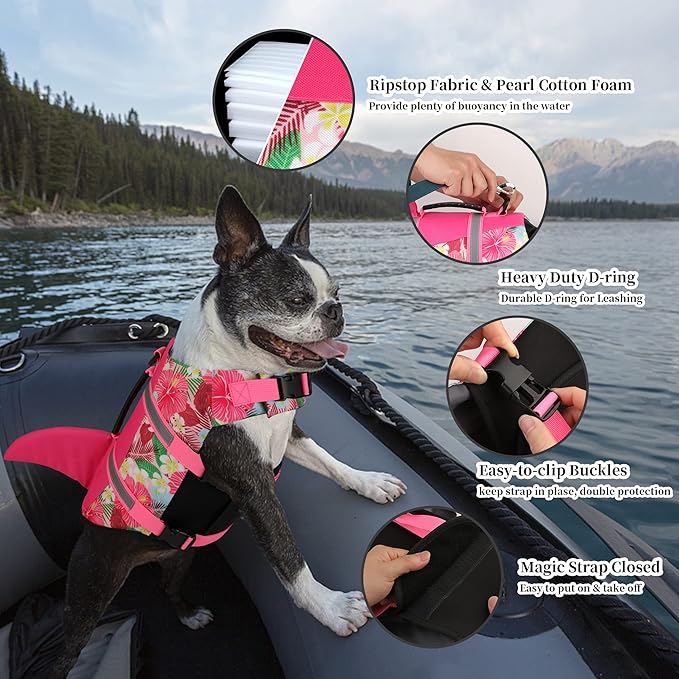 Dogcheer Dog Life Jacket Shark, Hawaiian Style Dog Life Vest for Swimming Boating with Superior Buoyancy and Rescue Handle, Reflective Pet Swim Vest for Small Medium Large Dogs - Flower Pink, XL