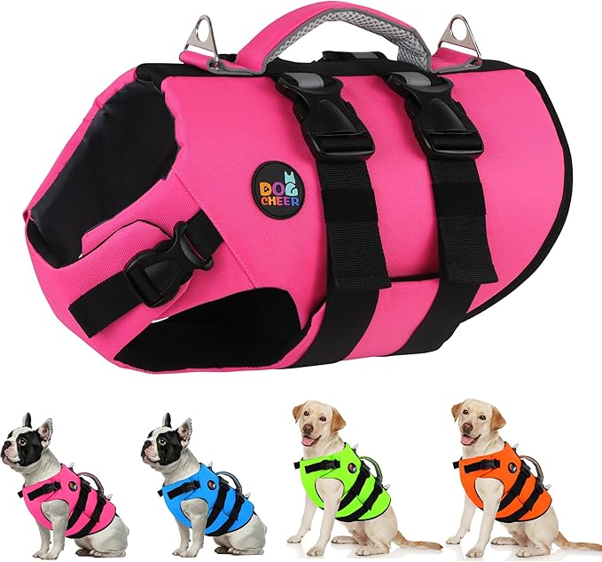 Dogcheer Dog Harness Life Jacket, High Buoyancy Neoprene Dog Life Vest for Swimming Boating, Adjustable Puppy Swim Vest Reflective Pet Float Vest for Small Medium Large Dogs - Pink, M