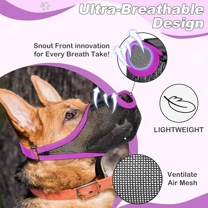 Dog Muzzle with Front Opening for Training and Treats, Breathable Air Mesh Muzzle for Biting Chewing Scavenging, Soft Lightweight Adjustable Mouth Guard for Small Medium Large Dogs(Purple,XL)