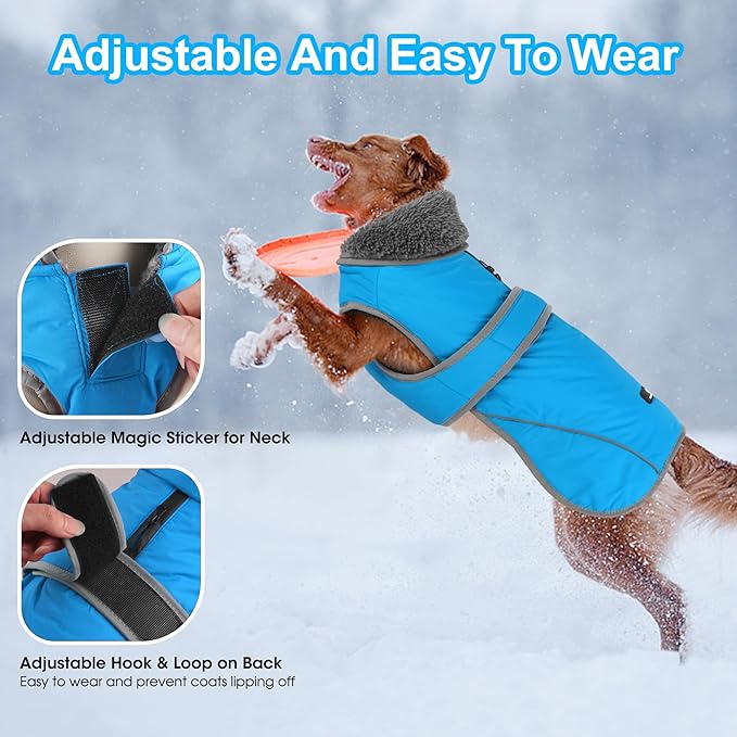 Dogcheer Dog Coat, Waterproof Dog Jacket Reflective Pet Winter Coat with Adjustable Hook & Loop, Christmas Puppy Fleece Jacket Warm Turtleneck Snowsuit for Small Medium Large Dogs - Sky Blue, XL