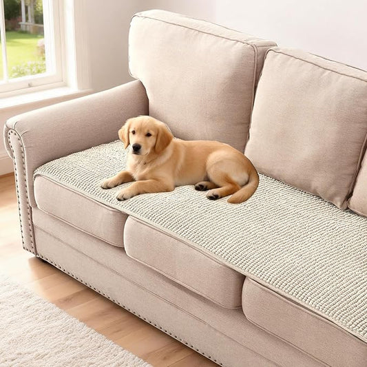 H.VERSAILTEX Plush Chenille Couch Cover for 3 Cushion Couch Anti Slip Washable Sofa Slipcovers Soft and Durable Furniture Protector for Dogs Cats Kids (27.5" x 71", Ivory)