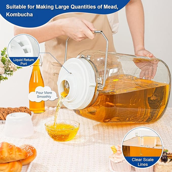 5 Gallon Glass Jar with Airtight Lid, Square Wide Mouth Storage Jar with Stainless Steel Handle, Glass Jug with Cup for Terrarium, Storage, Dog Treats, Mead Making
