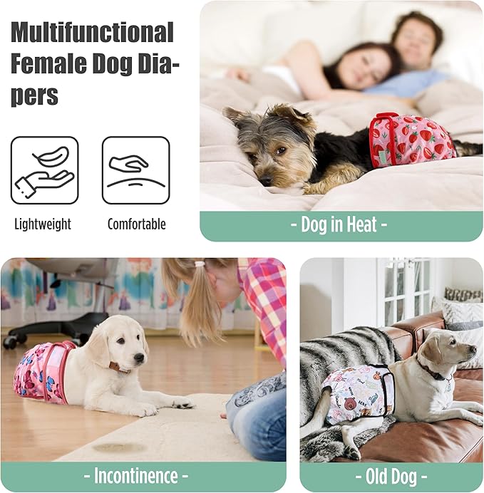 wegreeco Female Dog Diapers, Washable Reusable Pet Puppy Doggie Diapers for Small Medium Large Female Dogs in Heat Period, Doggy Period Panties Large, Strawberries