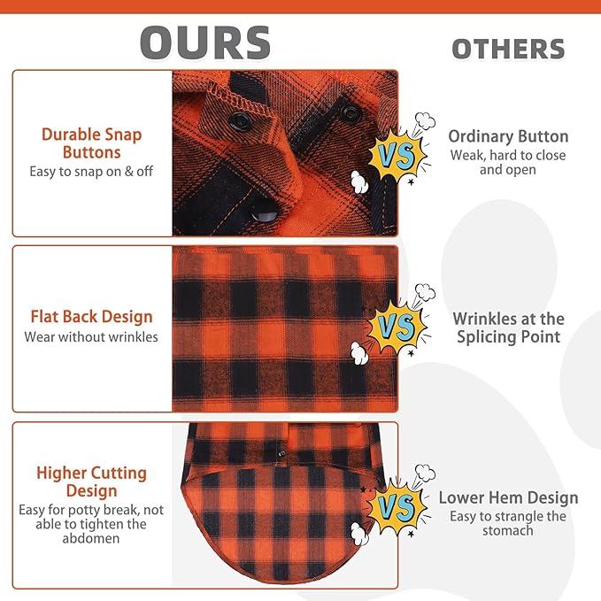 KOOLTAIL Fall Dog Shirt, Thanksgiving Orange Plaid Pet Shirts, Cute Dog Apparel Clothes Suitable for All Seasons, Comfortable Dogs T-Shirt for Small Medium Large Dogs Cats, Pet Outfit Costume, S