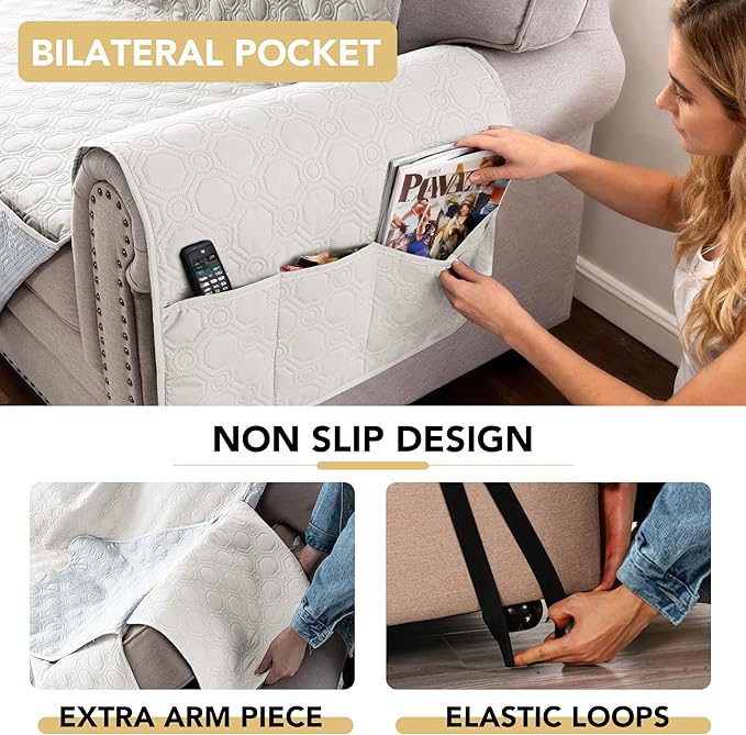 H.VERSAILTEX 100% Waterproof Couch Cover for 3 Cushion Couch Sofa Cover Washable for Pet Friendly with Elastic Straps Thick Durable Sofa Cover with Storage Pocket(XL Sofa, Beige)