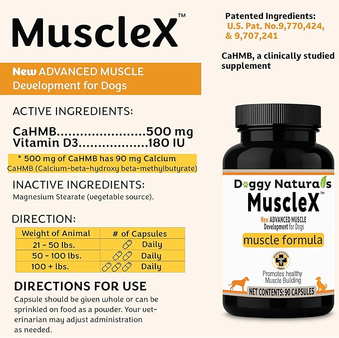 MuscleX™ Canine Muscle Formula Dogs with CaHMB 500 mg and Vitamin D3 - Natural Muscl Building Formula - Helps Reduce Muscle Loss Due to Normal Aging and Improves Recovery from Injury (90 Capsules)