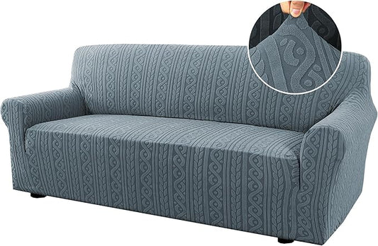 H.VERSAILTEX Stretch Sofa Slipcovers Soft Sofa Covers Washable 1 Piece Sofa Covers with Elastic Bottom for Kids,Dog Upgrade Thick Jacquard Fabric with Spiral Pattern(75"-85", Stone Blue)