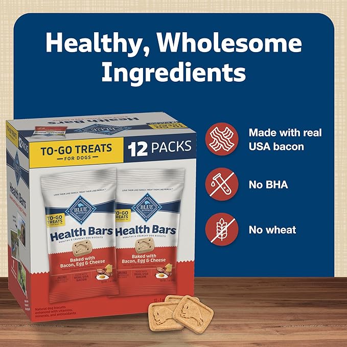 Blue Buffalo Health Bars Natural Crunchy Dog Treats TOGO Mini Biscuits Bacon Egg & Cheese