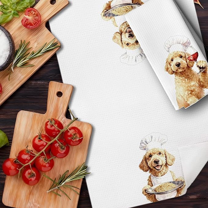 Funny Chef Wine Goldendoodle Kitchen Dish Towels, Golden Doodle Gifts Women, Goldendoodle Gifts Decorative Hand Tea Towels for Kitchen, 16x24 Inches Set of 2