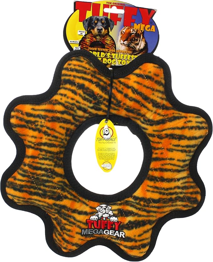 TUFFY - World's Tuffest Soft Dog Toy - MEGA -Multiple Layers. Made Durable, Strong & Tough. Interactive Play (Tug, Toss & Fetch). Machine Washable & Floats (Gear Ring Tiger, Large 2 Pack)