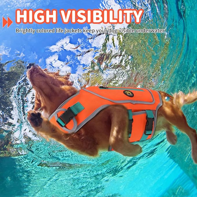 Dog Life Vest for Swimming, High Flotation Dog Life Jacket for Large Dogs Good Visibility Reflective Puppy Floating Vest, Adjustable Neoprene Pet Swimsuit with Rescue Handle, Orange, L