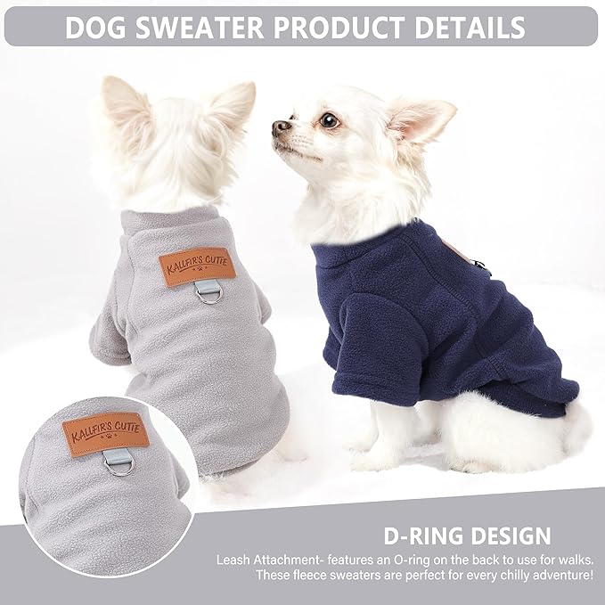 2 Pack Dog Sweaters with Leash Ring Warm Fleece Dogs Sweatshirt for Small Medium Dogs Pet Puppy Coat Apparel Outfits Winter Dog Clothes for Chihuahua, Yorkie, Bulldog, Dachshund Cats S, Grey