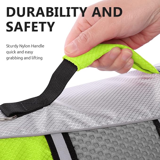 Queenmore Dog Life Jacket Small Float Vests for Swimming Boating Kayaking Mediumn Puppy Dogs Cats Neoprene Life Preserver Pet Water Lifesaver Lightweight Reflective Green,S