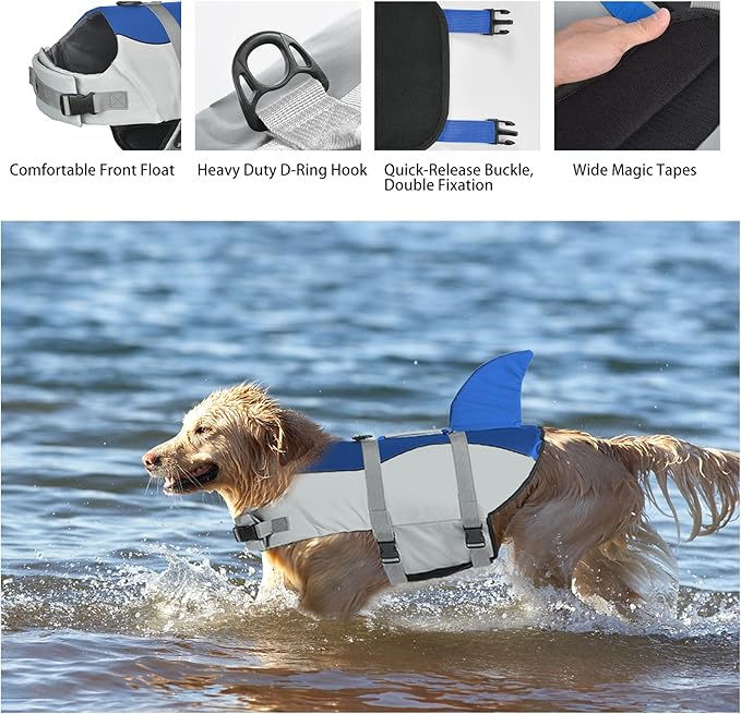 Dogcheer Dog Life Jacket Shark, Adjustable Dog Swim Life Vest for Swimming Boating with Superior Buoyancy & Rescue Handle, Ripstop Pet Float Vest Coat for Small Medium Large Dogs - Blue, XS