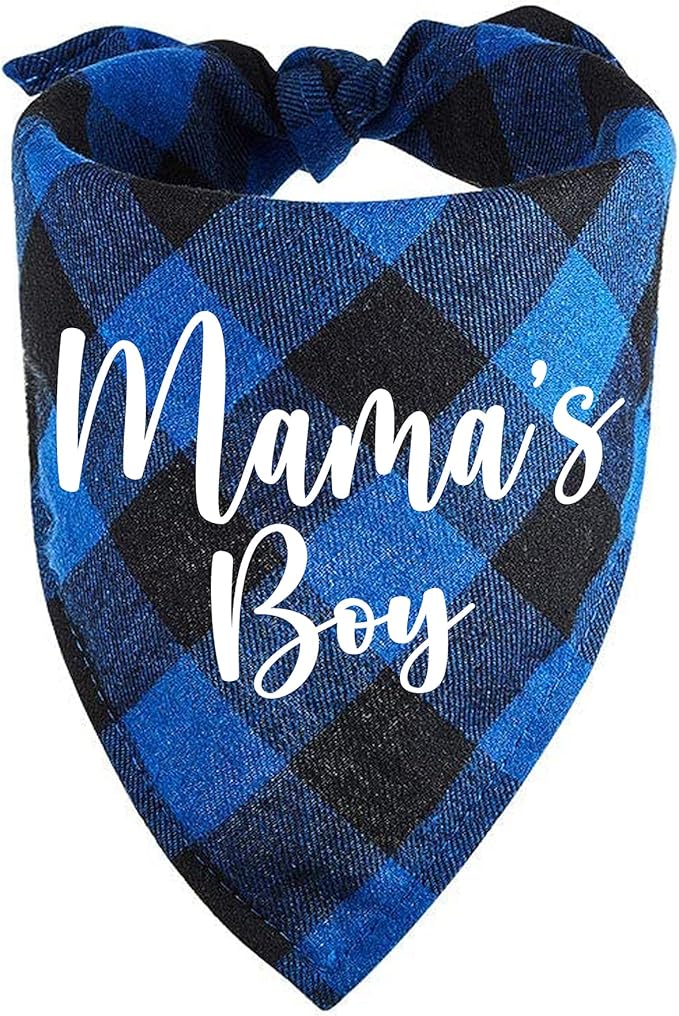 Mama’s Boy Blue Plaid Triangle Dog Bandana, Gender Reveal Photo Prop Scarf for Pet Birthday Gift