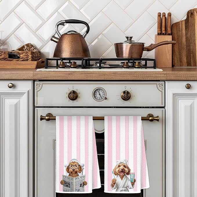 Pink Poodle Bathroom Hand Towels, Poodle Gifts for Women, Funny Newspaper Bathrobe Dog Decorative Hand Towels for Guest Bathroom Washroom Half Bath, 16x24 Inch Set of 2