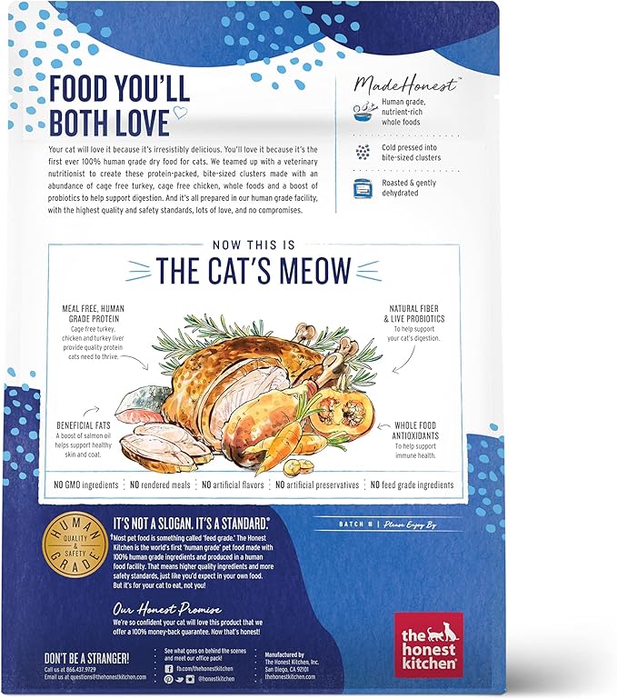 The Honest Kitchen Human Grade Whole Food Clusters Grain Free Turkey & Chicken Dry Cat Food, 1 lb Trial Pouch