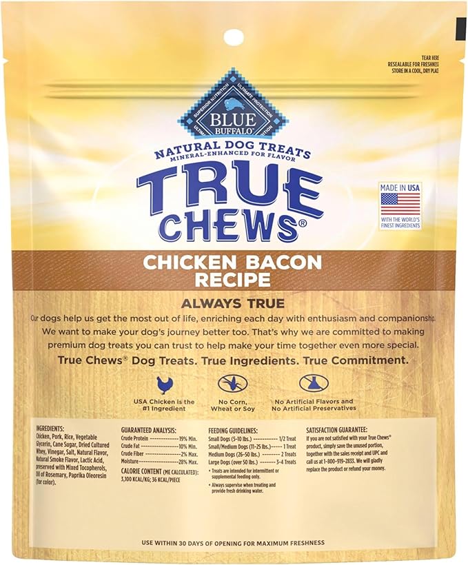 Blue Buffalo True Chews Dog Treats, Made in The USA with Natural Ingredients, Chicken Bacon Recipe, 22-oz Bag (Pack of 4)