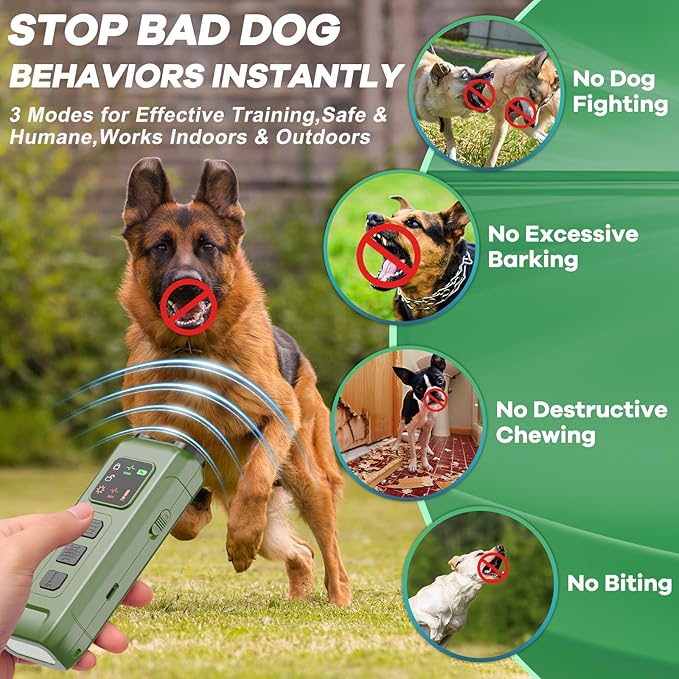 Ultrasonic Dog Bark Deterrent & Anti-Barking Training Device, 3 Modes to Stop Dog Barking, Handheld Tool, Safe, Rechargeable, Compact and Portable, Suitable for Indoor/Outdoor Use(Green)