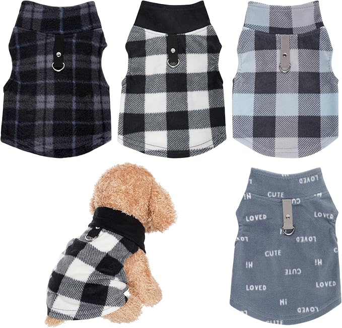 Rbenxia 4 Pieces Buffalo Plaid Dog Sweaters with Leash Ring Soft Fleece Vest Warm Dogs Pullover Jacket Dogs Clothes Winter Dog Outfits for Small Puppy Cat Pets (Small)