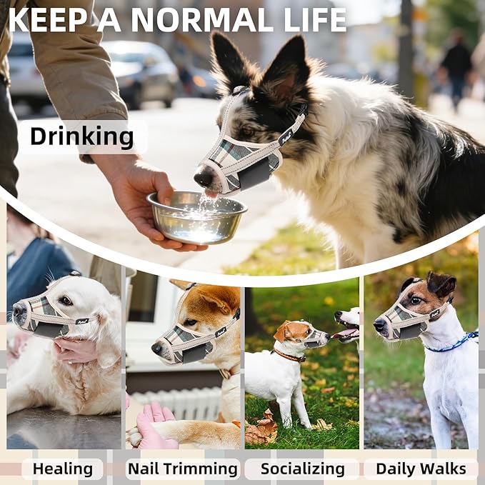 PUPTECK Dog Muzzle, Soft Adjustable Loop Reflective Pet Muzzle Prevent Biting Barking Chewing, Breathable Muzzle with Air Mesh Dog Mouth Guard Drinkable for Large Medium Small Sized, Beige Plaid L