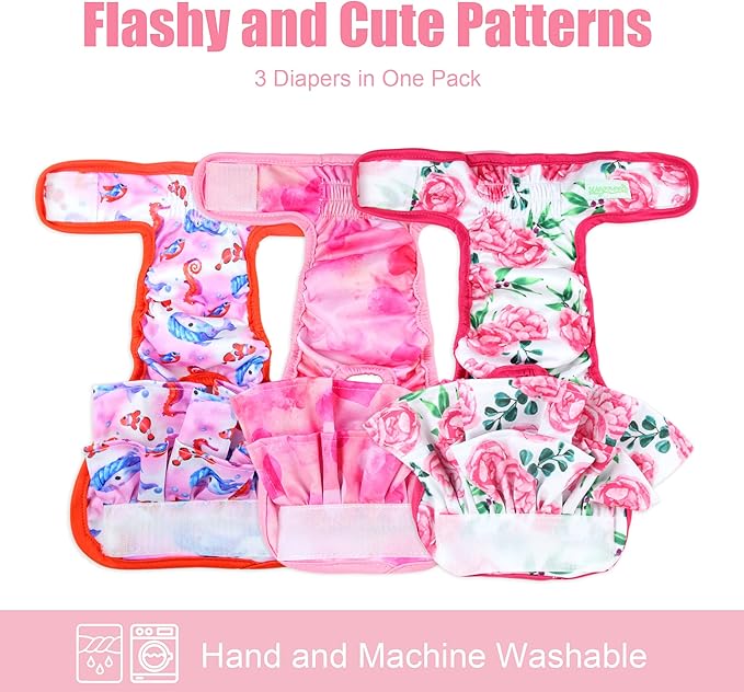 wegreeco Washable Dog Diapers (3 Pack), Highly Absorbent Dog Diapers for Female Dogs in Heat, Period, Incontinence, or Excitable Urination (Ocean of Flowers, Large)