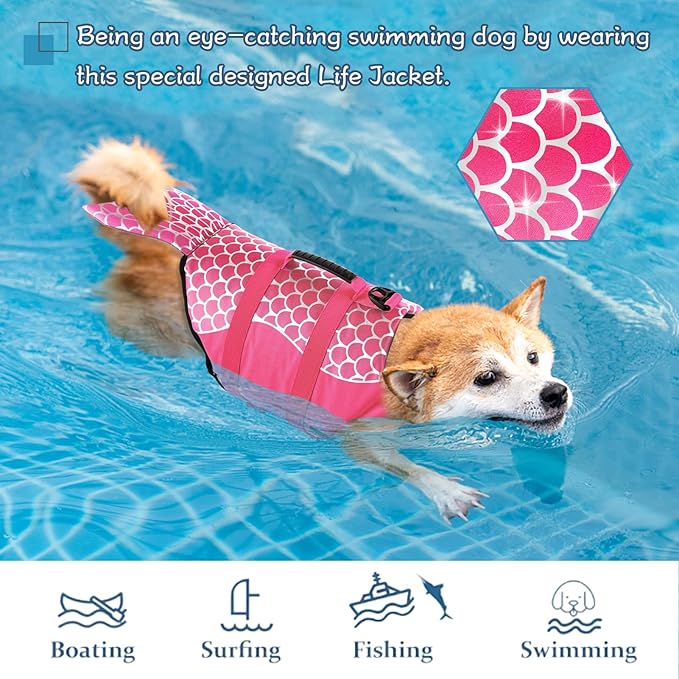 Dogcheer Dog Life Jacket, Cute Mermaid Dog Life Vest for Swimming Boating with Superior Buoyancy and Rescue Handle, Adjustable Puppy Swim Vest Pet Floating Vest for Small Medium Large Dogs - Pink, S
