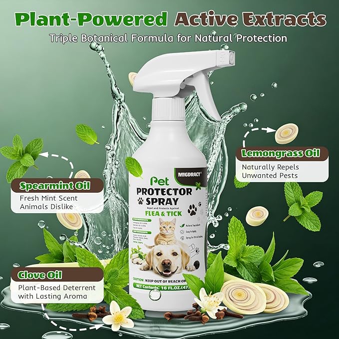 Pet Protector Spray for Dogs & Cats, 16 oz, Repel Fleas, Ticks, Mites & Mosquitoes – Indoor/Outdoor Home Use, Fast-Acting, Safe, and Easy Application