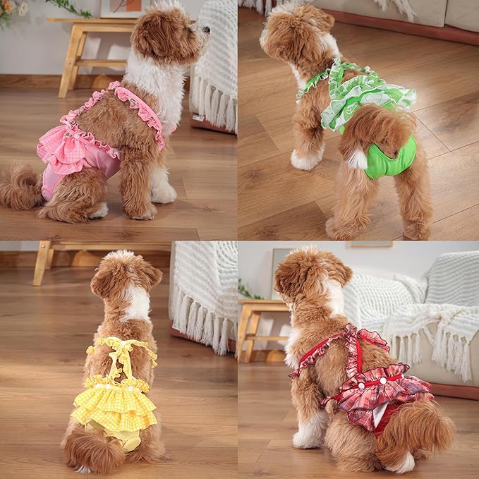 Zunea Washable Female Small Dog Diapers for XS/S Size Dogs Adjustable Suspender Reusable Puppy Sanitary Diaper Pantie Cute Cherry Plaid Nappies Skirt for Doggy Chihuahua Yorkie in Heat Pink XL