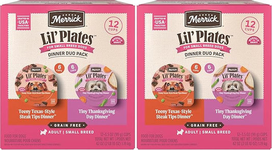 Merrick Lil’ Plates Grain Free Dinner Duos Soft Natural Wet Dog Food Variety Pack, Beef and Turkey . Tubs Small, 24-Pack, 2.6lb