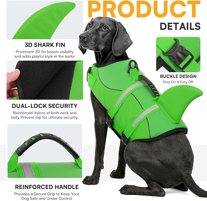 Queenmore Dog Life Jacket High Flotation, Reflective Dog Life Vest for Swimming, Adjustable Dogs Life Preserver Rescue Handle Spring Summer Pool for Small, Medium, Large Dogs (BrightGreen,XS)