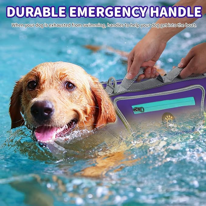 Dog Life Vest for Swimming, High Flotation Dog Life Jacket for Large Dogs Good Visibility Reflective Dogs Floating Vest, Adjustable Neoprene Pet Swimsuit with Rescue Handle (Purple, L)