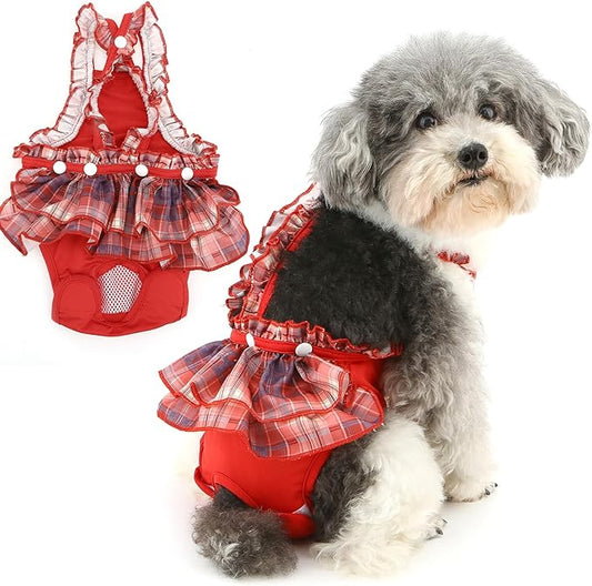Zunea Washable Female Small Dog Diapers for XS/S Size Dogs Adjustable Suspender Reusable Puppy Sanitary Diaper Pantie Cute Plaid Nappies Skirt for Doggy Chihuahua Yorkie in Heat Red XL