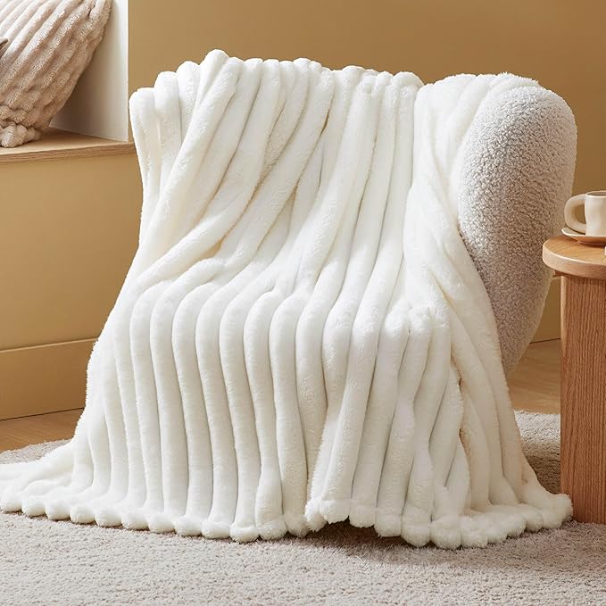 Bedsure White Throw Blanket for Couch - 350GSM Super GentleSoft Fuzzy Fluffy Cozy Fleece Blankets for Women, Cute Small Plush Throws for Girls, 50x60 Inches, Wider Striped Design