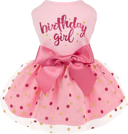 Fitwarm Birthday Girl Dog Tulle Dress, Dog Clothes for Small Dogs Girl, Cat Apparel, Pink, Medium