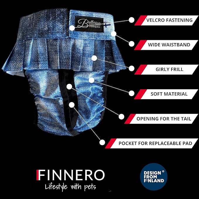 FINNERO Ballerina Dog Diaper – Washable, Reusable, Leak-Proof – Heat, Period & Urine Incontinence Protection – Comfortable, and Stylish Design – Adjustable Fit for Female Dogs – XXS, Denim