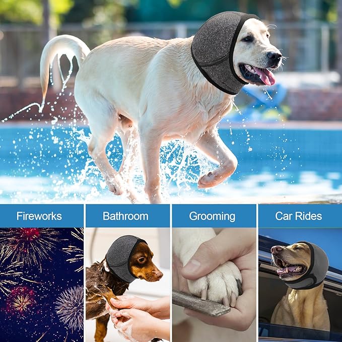 NACOCO Dog Calming Hoodie - No Shake Water Resistant Ear Wraps for Dogs Anxiety Relief & Noise Protection Dog Head Wrap Pet Ear Cover Muffs for Swim Bathing Hematoma(Dark Grey, M)