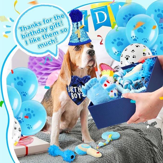 23 Pcs Dog Birthday Toy Set Cake Teething Squeak Interactive Puppy Birthday Party Supplies with Box for Small Medium Dog(Blue)