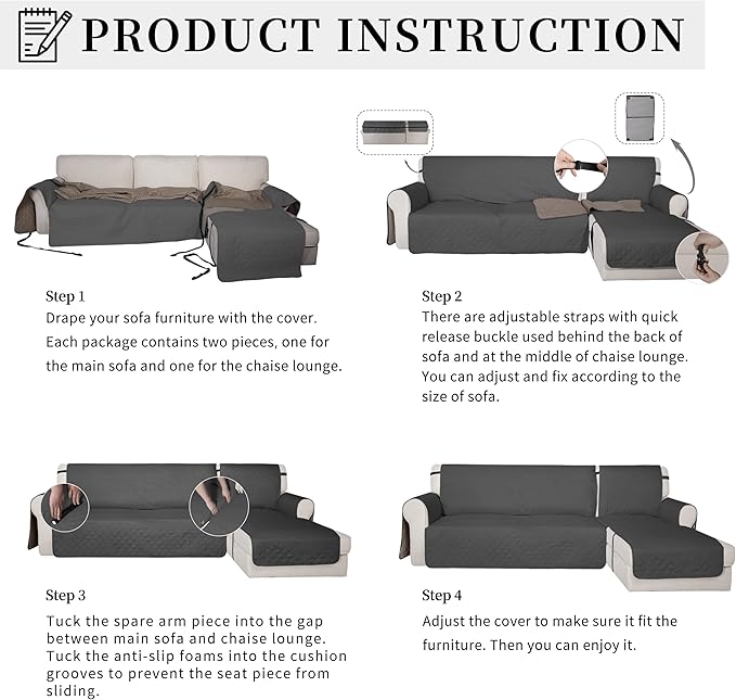Easy-Going Waterproof Sectional Couch Covers with Chaise 2-Piece Non Slip L Shape Sofa Cover for Dogs Leakproof Furniture Protector Cover with Adjustable Strap for Pets (Small, Dark Gray)