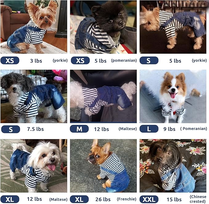 Small Dog Hoodie Clothes Cute Stripe Shirts Denim Jumpsuit One-Piece Outfit for Small Medium Dogs Cats Boy Girl Chihuahua Blue Jeans Overalls Puppy Costume (Blue,XXL)