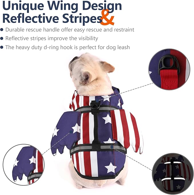Dog Life Jacket, American Flag Wings Dog Life Vest with Chin Float Reflective Stripes and Handle, High Buoyancy Puppy Swim Floating Vest for Small Medium Large Dogs - USA Flag, M