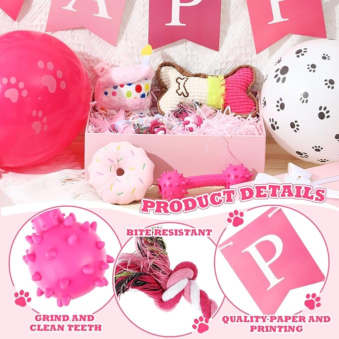 23 Pcs Dog Birthday Party Supplies Set Birthday Toys Cake Teething Squeak Interactive Decorations with Box for Puppy Small Medium Dog(Pink)