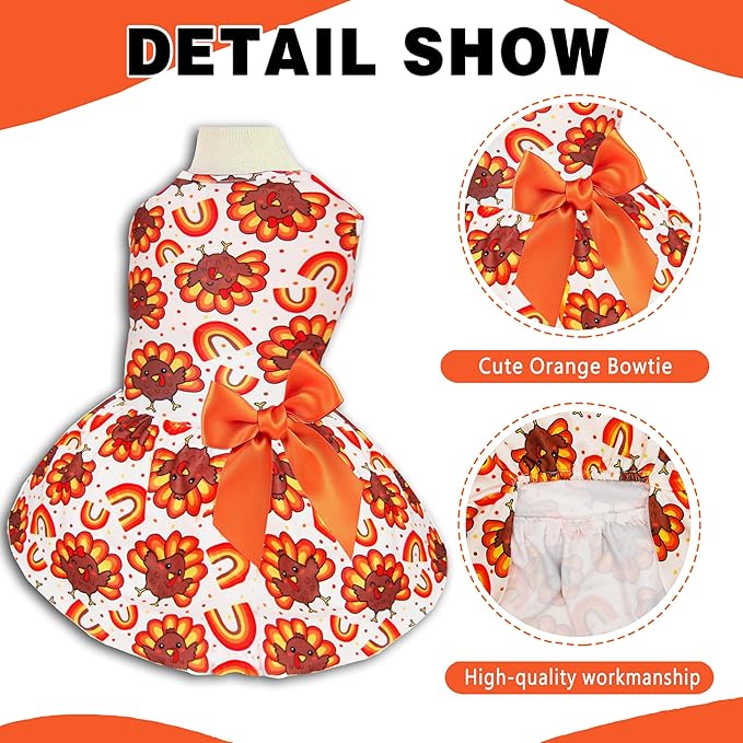Thanksgiving Turkey Dog Dress, Cute Fall Holiday Pet Outfit for Small and Medium Dogs Autumn Harvest Costume for Puppy Girls and Boys