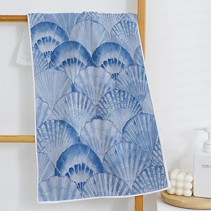 Coquette Blue Bow Seashell Coastal Beach Kitchen Towels Set of 2, God is Good Inspirational Christian Dish Tea Towels for Kitchen Decor, Preppy Beach Hand Towels for Bathroom Decor, 16x24 Inch