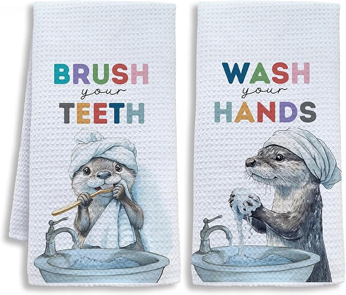 Sea Otter Bathroom Decor Hand Towels, Kids Bathroom Decor, Brush Your Teeth Wash Your Hands Funny Kids Hand Towels for Bath Room Washroom, 16x24 Inch Set of 2